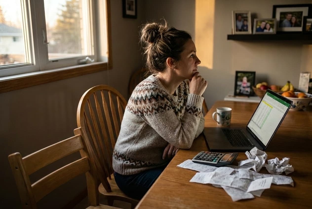 A volunteer youth sports team treasurer working out her team's budget at her kitchen table in the evening, surrounded by receipts and a calculator